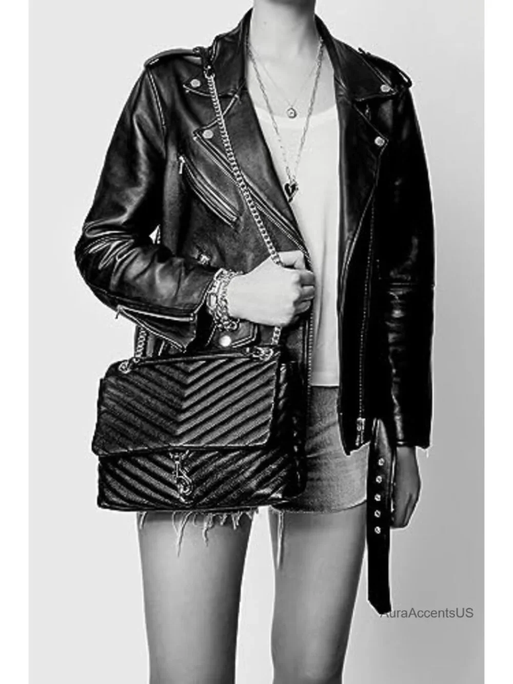 Genuine Leather Flap Shoulder Bag with Chain Strap
